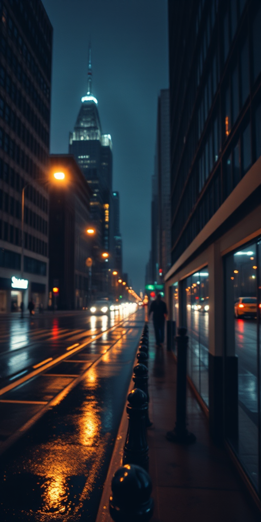 Capture a moody urban nighttime scene depicting a rainy street with skyscrapers illuminated in the background, using a DSLR camera, 35mm lens, f/2.8 aperture, ISO 400, 1/60 second exposure, and a slight tilt-shift effect for depth.