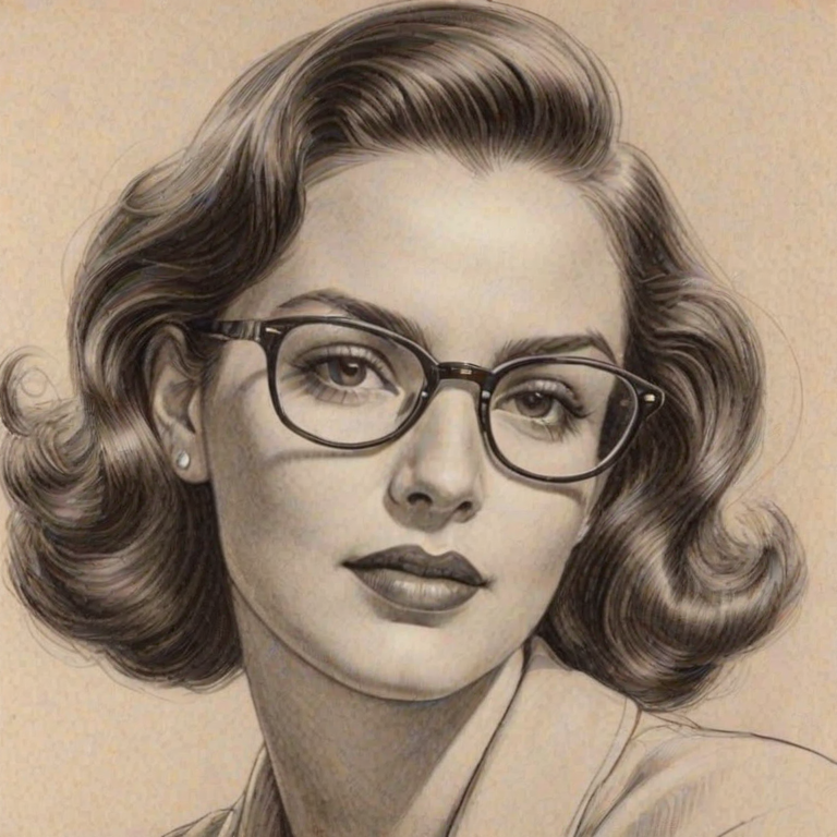 Exquisite Gina Kimmel, pencil sketch, portrait of Enticing woman 1941s in glasses, hair style beatnik, outline, clear lines, fine lines, 8k
