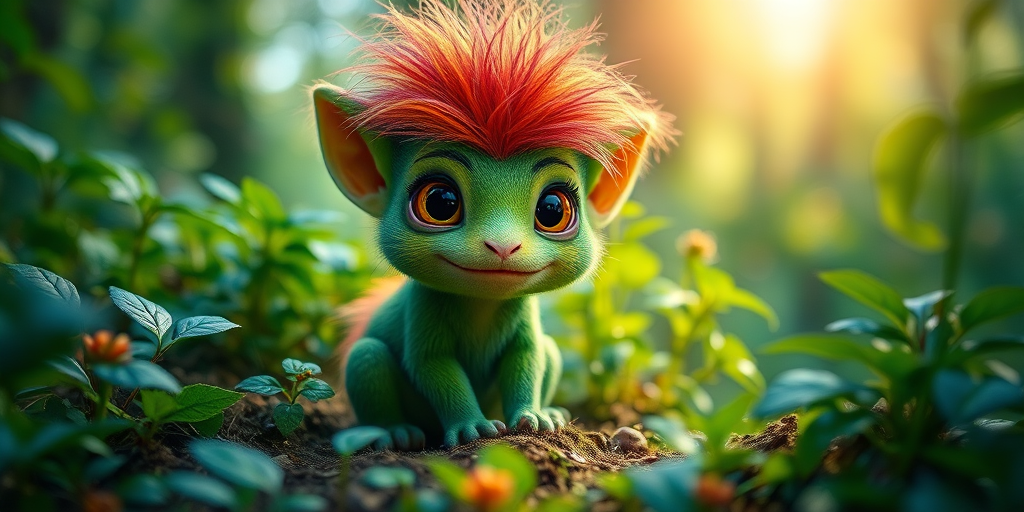 Create an enchanting image of a small, mythical creature with vibrant green fur, large expressive eyes, and colorful shaggy hair, sitting amidst lush greenery in a magical forest, with soft sunlight filtering through the trees, using a DSLR camera, 50mm lens, f/2.8 aperture, ISO 100, and a shallow depth of field to enhance the dreamy atmosphere and focus on the creature.