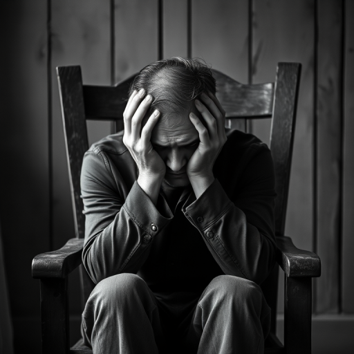 A distressed man sitting in an old wooden chair with a pained expression, holding his head in his hands, soft natural light, monochrome, shallow depth of field, 50mm lens, f/1.8, ISO 400, 1/100 sec shutter speed, taken from eye level, emotional and atmospheric composition.