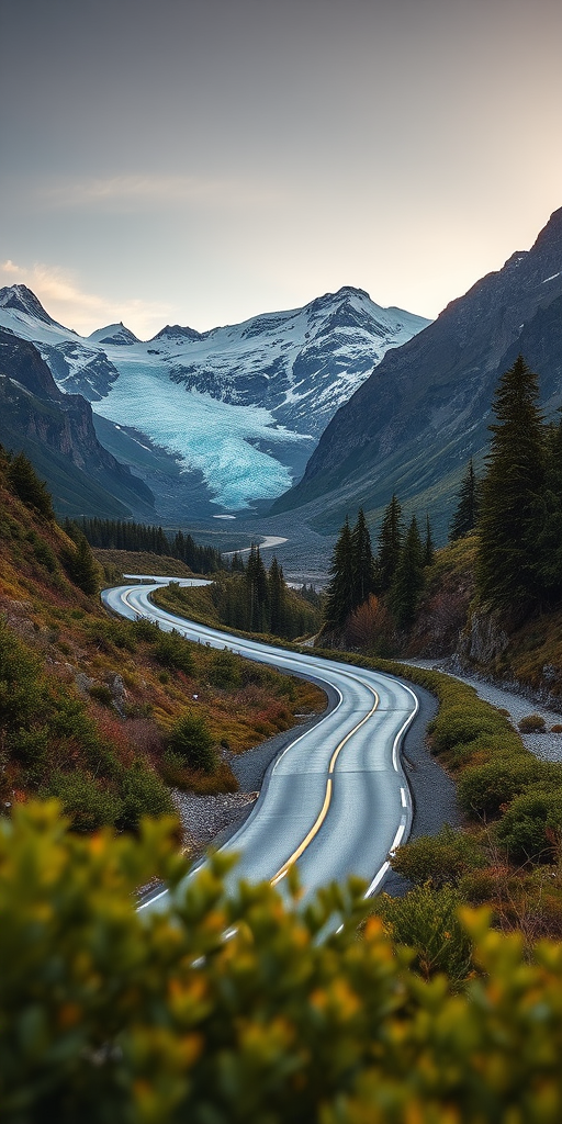 Create a landscape image of a winding road through mountains with a glacier in the background, captured at sunrise with a Canon EOS R5, 24mm focal length, f/8 aperture, ISO 100, shot from a low angle to emphasize the road and surrounding foliage, using a HDR style to enhance details and colors.