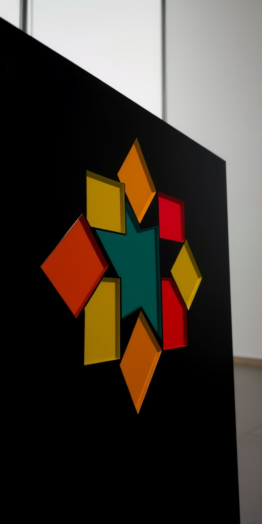 Generate a high-resolution image of a stylized abstract design featuring geometric shapes, using a Canon EOS R5 with a 50mm f/1.2 lens, settings: ISO 100, aperture f/8, shutter speed 1/125s, in a well-lit studio environment.