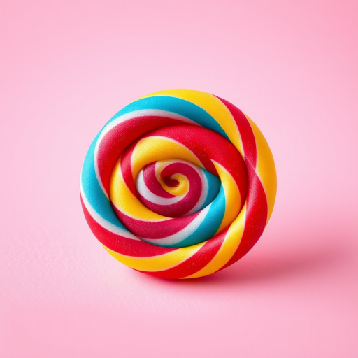 Create a vibrant and detailed illustration of a colorful spiral lollipop on a plain background, using a Canon EOS R5 camera with a 50mm lens, aperture set to f/2.8, ISO 100, and a soft focus effect to enhance the sweetness and texture of the candy.