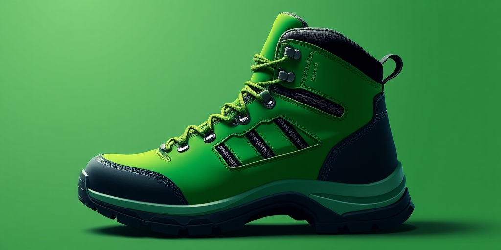 Create a high-resolution illustration of a hiking boot in vibrant green with detailed lacing, using a DSLR camera at f/2.8, ISO 100, focal length 50mm, in a studio lighting setup with a slight top-down angle for enhanced depth and clarity.