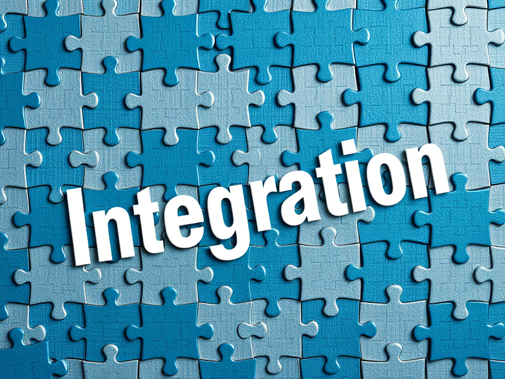 Create a high-resolution puzzle background with the word "Integration" prominently displayed in bold white letters, captured with a DSLR camera at f/8 aperture, ISO 200, and a 50mm lens, using a top-down view to showcase vibrant blue and gray puzzle pieces and enhance depth and detail.