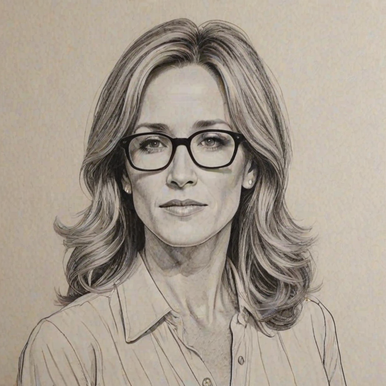 Sublime Felicity Huffman, pencil sketch, portrait of Resplendent woman 1968s in glasses, hair style beatnik, outline, clear lines, fine lines, 8k
