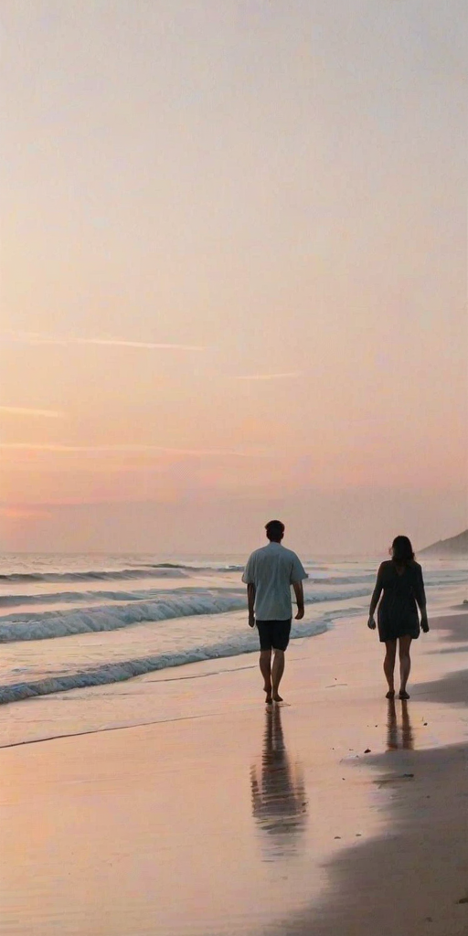 Soft-focus image of a tranquil beach at sunset, with gentle waves lapping at the shore, soft pastel hues in the sky, and a silhouette of a couple walking hand in hand.