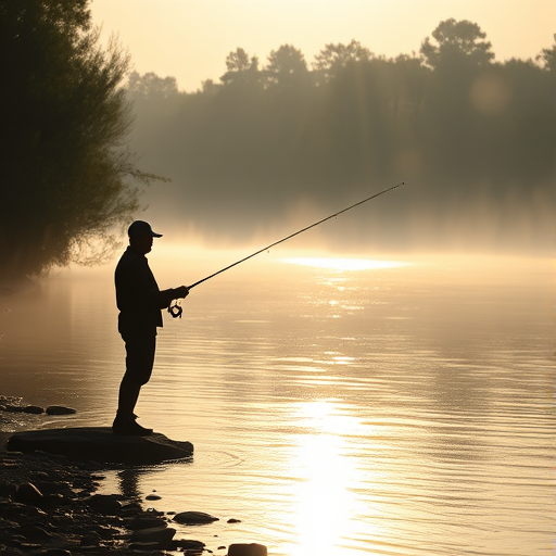 Sharp, early morning shot of a fisherman standing by a river, casting a line into the water, mist rising from the surface, soft sunlight glinting off the ripples, trees lining the banks, the distant sound of birds chirping in the stillness.