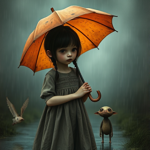 An eerie, weird little girl with dark hair in thin pigtails, wearing a smock dress, standing in the rain, holding a dirty orange umbrella, a small, odd creature beside her. In a surreal style inspired by Nicoletta Ceccoli and Brian Froud. Dark fantasy themes
