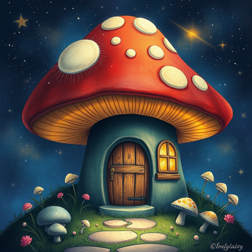 imagine illustration of a mushroom house with a door and a window, a storybook , fantasy art, mushroom house, bg starry sky, sparkles