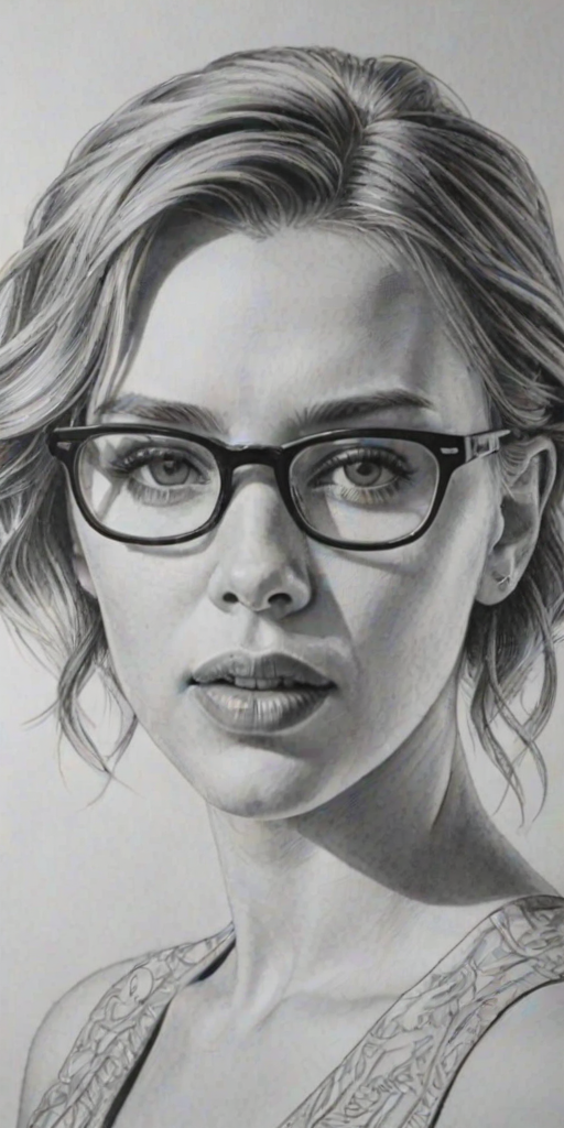 Magnificent Scarlett Johansson, pencil sketch, portrait of Dazzling woman 1923s in glasses, hair style beatnik, outline, clear lines, fine lines, 8k