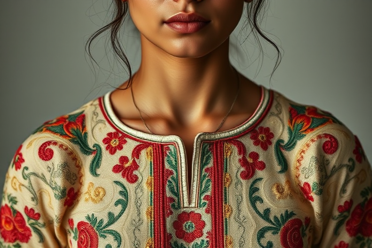 Face, shoulders, chest covered in openwork Pakistani embroidery. Raw, unedited image.