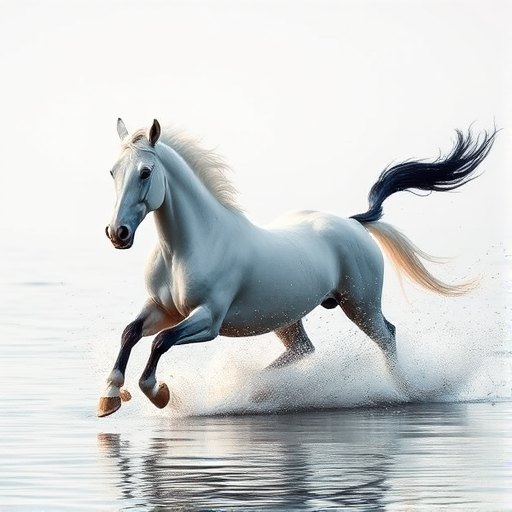 Create an illustration of two horses, one white and one black, galloping through shallow water with splashes, set against a minimalist background, use a Canon EOS 5D Mark IV with a 50mm f/1.2 lens, aperture set to f/2.8, shutter speed 1/2000s, ISO 100, with a low-angle shot and soft focus to enhance the dramatic effect.