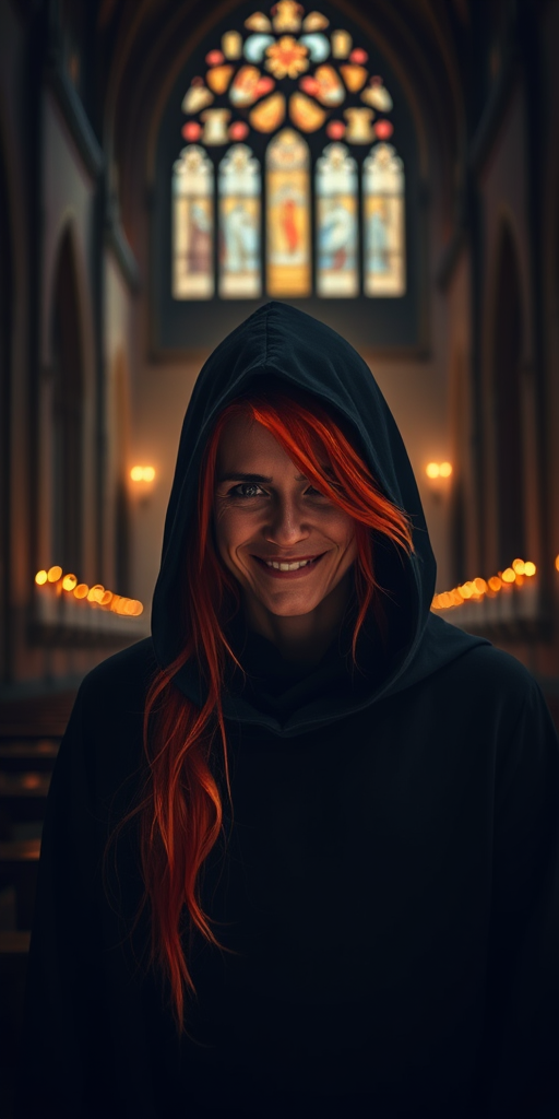 Create an image of a mysterious figure with red hair wearing a hooded cloak, smiling eerily in a dimly lit gothic cathedral with candles around, shot with a DSLR camera at f/1.8, ISO 100, 35mm lens, in soft focus for a dramatic effect.