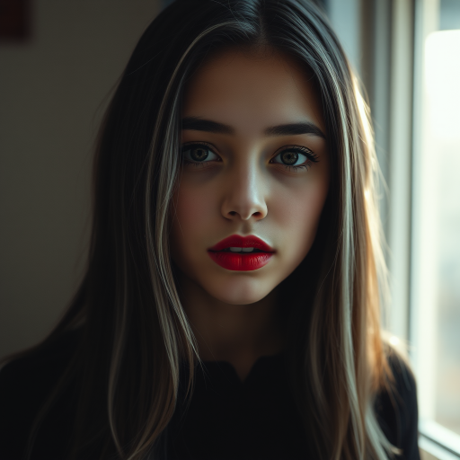 portrait of a girl with long black and silver hair, striking red lips, wearing a black top, dramatic lighting from a window highlighting her features, soft focus effect, shot with a Canon EOS R5, 50mm lens, f/1.8, ISO 100, natural light, high contrast, moody atmosphere