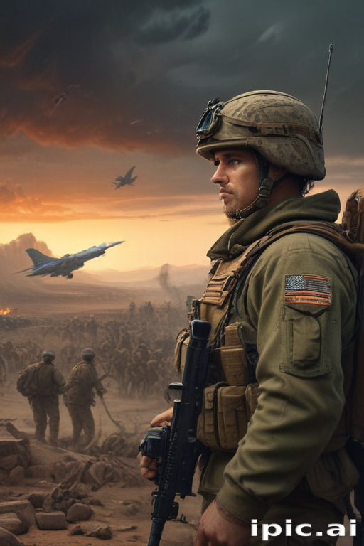 Brave Soldier Standing Guard Amidst a Dramatic Battlefield Scene at Dusk
