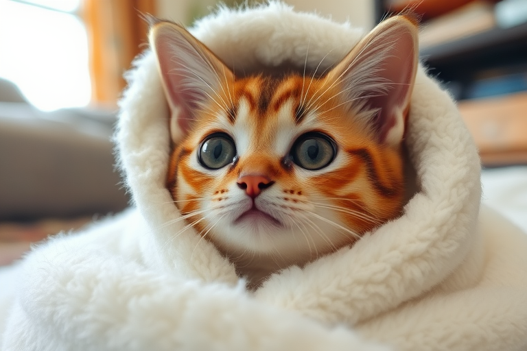 A cute cat with large, expressive eyes wrapped in a soft, fluffy white blanket, looking curiously at the camera, with a cozy indoor setting.