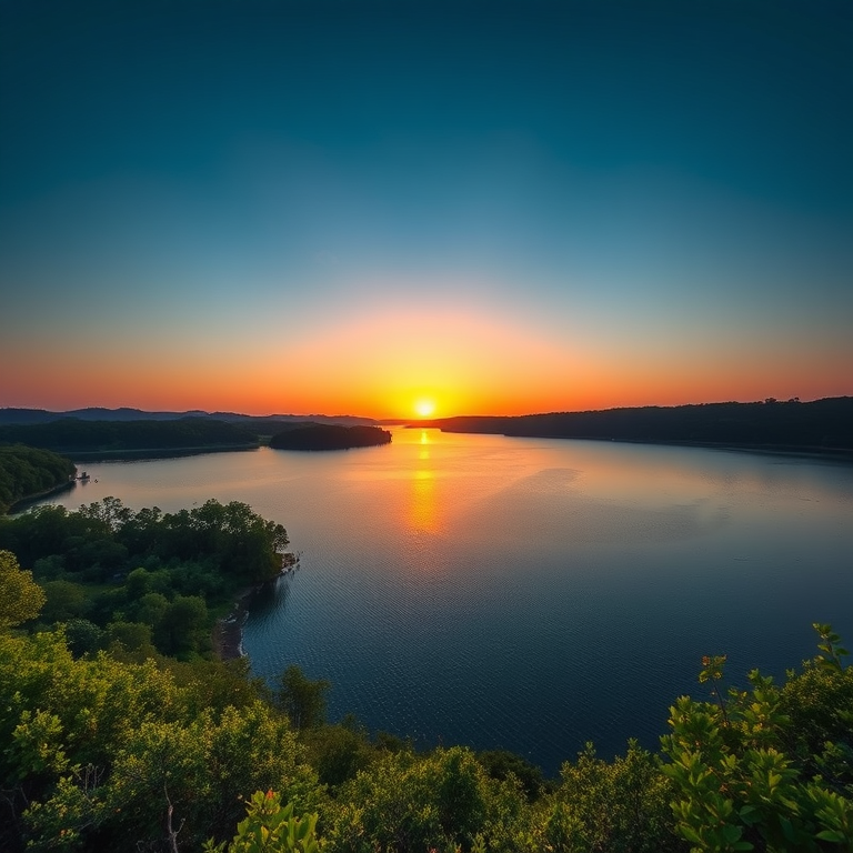 Create an image of a serene landscape featuring a sunset over a tranquil lake, with lush greenery on the shores, captured with a DSLR camera at f/8 aperture, 1/125 sec shutter speed, ISO 200, with a wide-angle lens at 24mm focal length, using a high dynamic range style for enhanced color and detail.