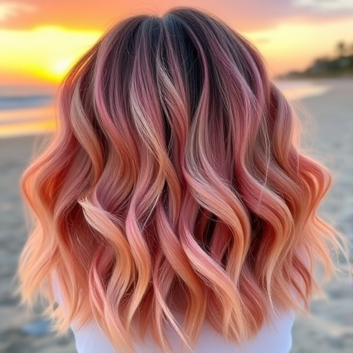 Sunset ombre melts from warm oranges to soft pinks, styled in beachy waves with sun-kissed highlights, capturing the essence of a perfect summer evening