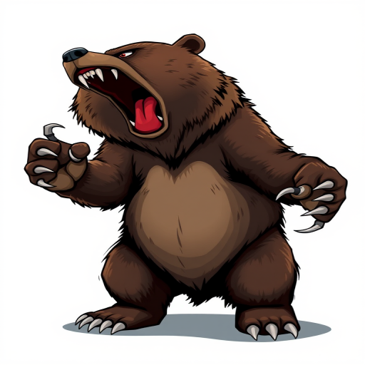 Create a detailed illustration of a bear standing upright with a fierce expression, emphasizing its sharp claws and open mouth with a red tongue, using a high-resolution camera at 50mm focal length, f/1.8 aperture, natural lighting, in a vector art style with a focus on contrast and clarity.