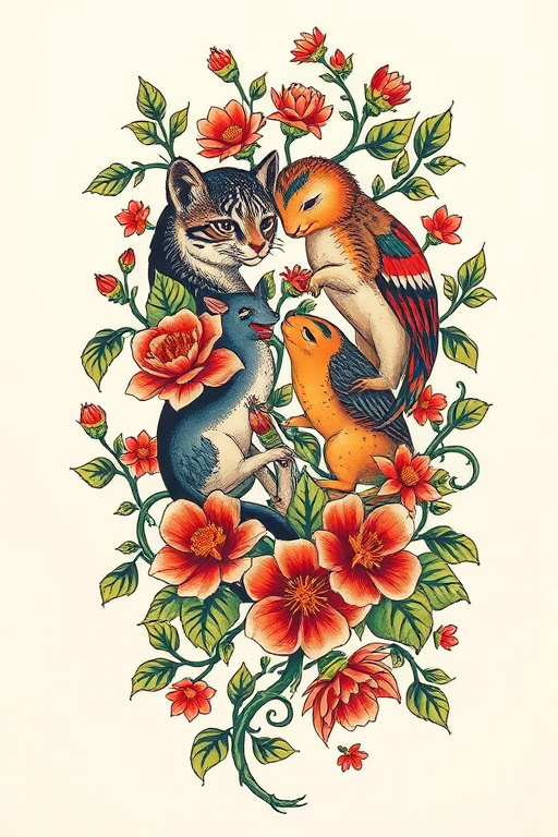 Neo-traditional tattoo piece titled "Nature's Embrace" combining elements of traditional and modern styles to create a bold stylized design of intertwining vines flowers and animals with rich saturated colors