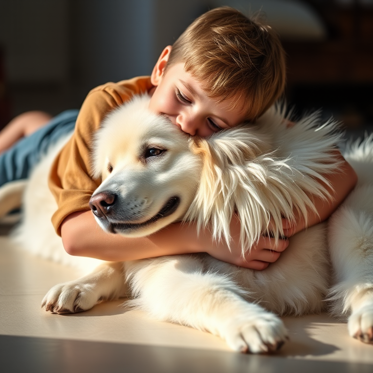A young person hugging a large fluffy white dog, both lying on a smooth surface, captured using a DSLR camera at f/1.8, ISO 100, 50mm lens, natural light for a soft and warm feel, with a shallow depth of field to emphasize the subjects against a blurred background.