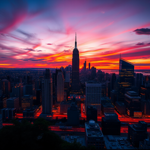 Generate a high-resolution image of a vibrant city skyline at sunset with deep orange and purple hues, captured using a Canon EOS R5 with a 24-70mm f/2.8 lens, ISO 100, aperture f/8, and a shutter speed of 1/200s in a wide-angle view to enhance depth and detail.