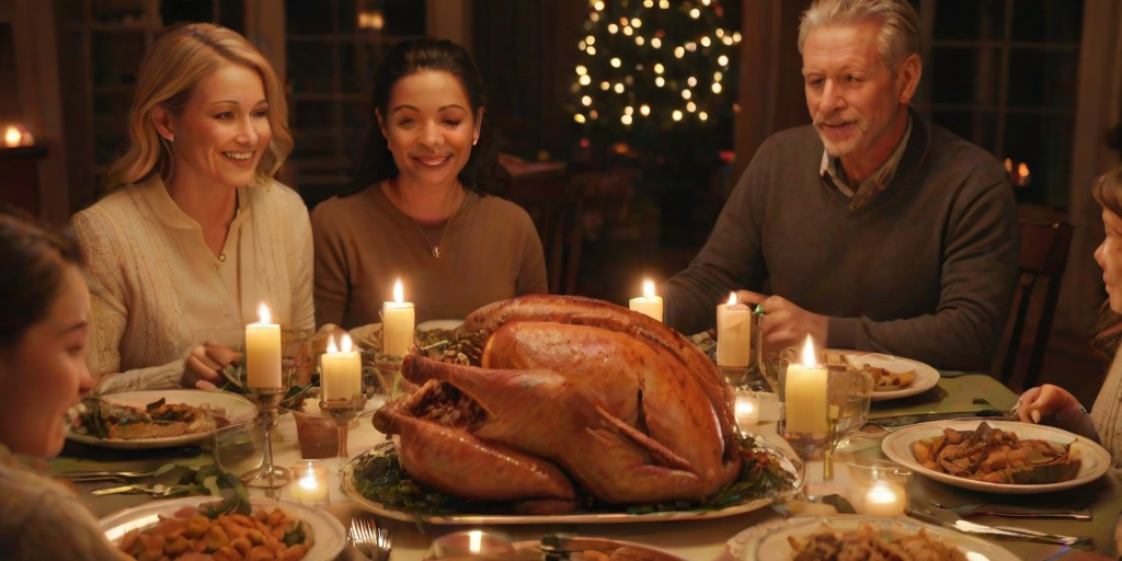 Warmly lit image of a family gathered around a dinner table for a holiday meal, soft glow from candles illuminating their faces, the smell of roasted turkey and sweet potatoes filling the air.