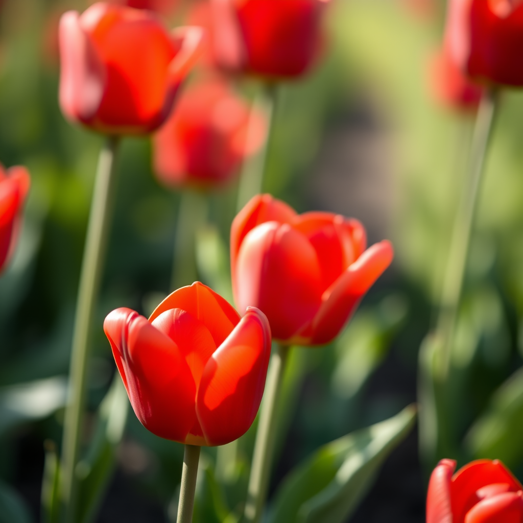 Capture a close-up of vibrant red tulips in a field with a shallow depth of field, 50mm lens, f/1.8 aperture, ISO 100, soft natural lighting, and a bokeh background to enhance the dreamy quality of the image.