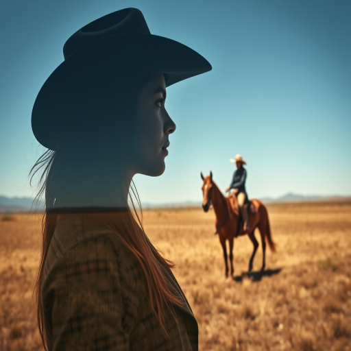 "Create a Double exposure", a silhouette "profile portrait of a young cowgirl" with long hair "superimposed" against a long shot of a cowgirl riding a horse across the plains, fantastic view, 32k, cinematic, hyper-realistic.