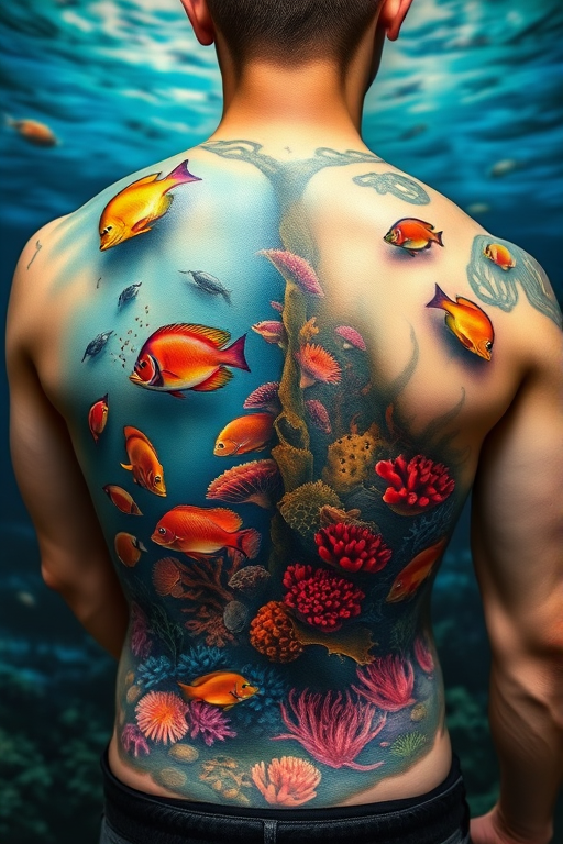 Stunning realism tattoo on the back, depicting a lifelike underwater scene with colorful coral reefs and tropical fish, employing hyper-realistic shading and color blending for an incredibly detailed result
