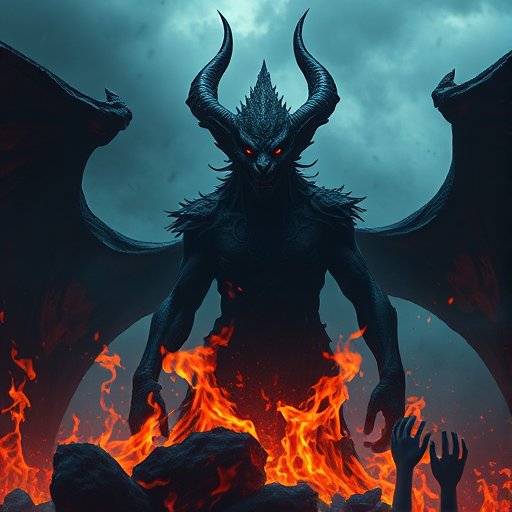 Create a high-resolution fantasy artwork of a dark, imposing figure with dragon-like features, surrounded by flames and a stormy sky, captured with a 50mm lens at f/1.8, ISO 100, using a digital SLR camera for sharp detail and depth of field.
