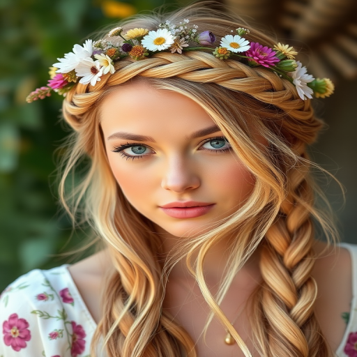 Romantic braided crown in honey blonde, adorned with fresh wildflowers and loose tendrils framing the face, creating a dreamy bohemian-inspired look