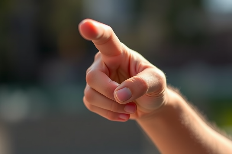 Create a high-resolution image of a hand pointing, using a Canon EOS R5, 50mm lens, f/2.8 aperture, ISO 100, 1/125 shutter speed, soft natural lighting, and a shallow depth of field to enhance detail and focus on the hand.