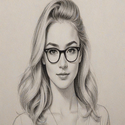 Alluring Chloe Lukasiak, pencil sketch, portrait of Delightful woman 1965s in glasses, hair style beatnik, outline, clear lines, fine lines, 8k