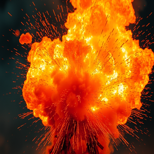 create a high-resolution image of a vibrant explosion with fiery orange and yellow hues, using a DSLR camera with a 50mm lens, aperture set to f/2.8, shutter speed at 1/1000s, ISO 200, capturing the scene in a close-up view with high dynamic range to enhance the details of the flames and sparks