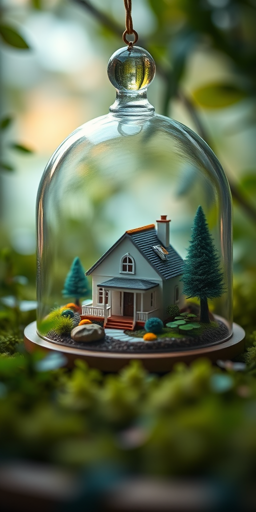 Create a highly detailed scene of a miniature house inside a glass dome, surrounded by lush greenery and soft lighting, shot with a DSLR camera at f/2.8 aperture, 50mm lens, ISO 100, and a shallow depth of field to enhance the dreamy atmosphere.