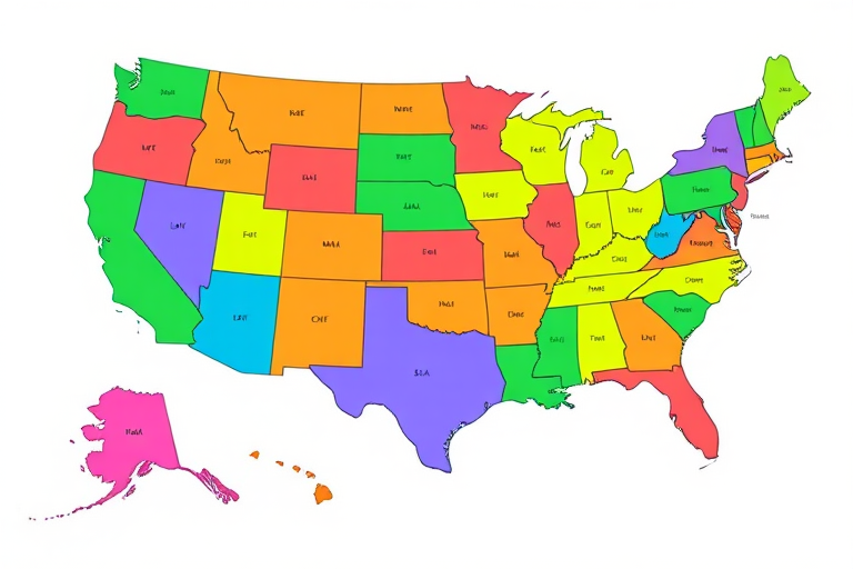 Create a colorful and vibrant map of the United States with distinct state boundaries and varied colors for each state, using a high-resolution digital camera with a 24mm lens, f/8 aperture, ISO 100, shot from a high angle for an expansive view, in a vector style to enhance clarity and detail.