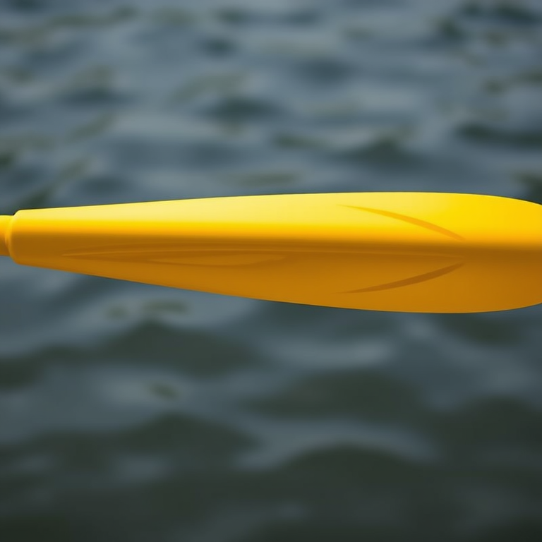 Create a high-resolution vector image of a yellow rowing paddle, using a DSLR camera for sharp details, f/4 aperture for a nice depth of field, 50mm lens for close-up focus, and natural lighting to enhance color vibrancy.