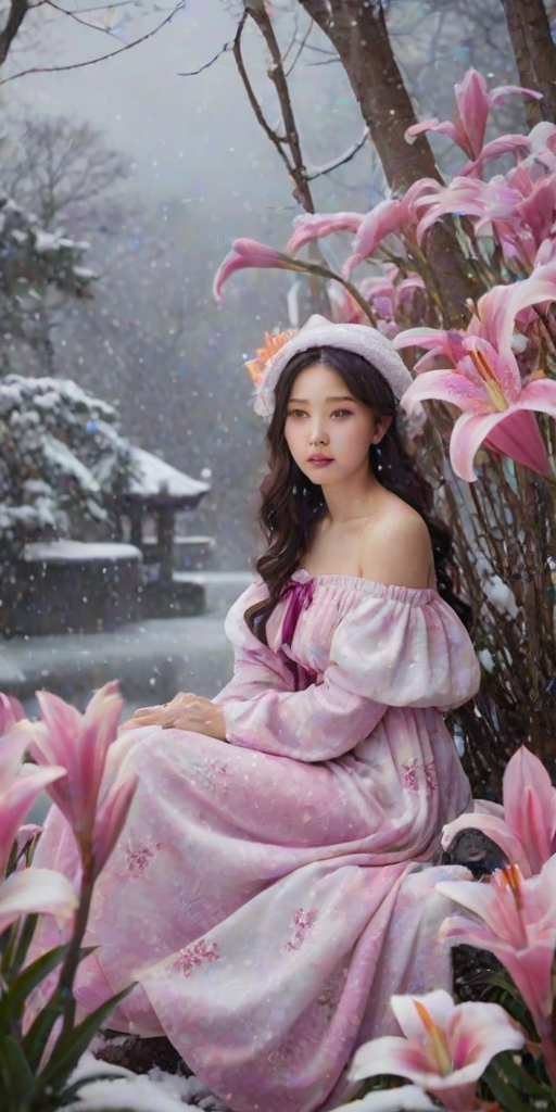 This image shows a young korean woman seated in a surreal, snowy landscape surrounded by vibrant pink and white lilies. She wears an off-shoulder pink and purple tie-dye dress with butterfly motifs, paired with a fluffy winter hat. Her dark wavy hair has lighter tips, complementing the dreamy, ethereal vibe of the scene. Snowflakes fall gently around her, contrasting with the blooming flowers, creating a magical blend of winter and spring