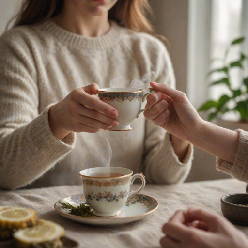 Close-up of a woman’s hands holding a steaming cup of herbal tea, soft light highlighting the delicate teacup, with a cozy living room softly blurred in the background.