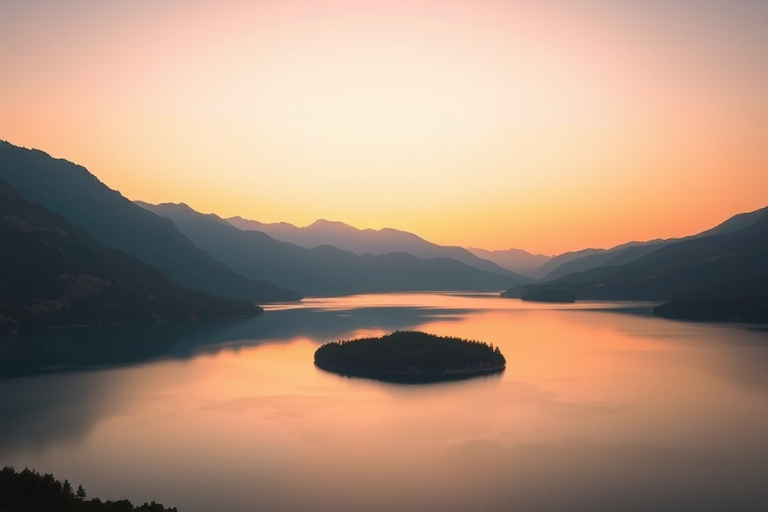 Create a high-resolution image of a serene landscape featuring a tranquil lake surrounded by mountains during sunset, captured with a Canon EOS R5 at f/8, ISO 100, 100mm lens, using a wide-angle perspective to emphasize the scenery.