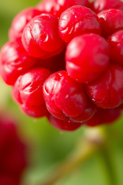 close-up of a vibrant red raspberry on a green background, shallow depth of field, aperture f/2.8, ISO 100, 50mm lens, natural light, DSLR camera