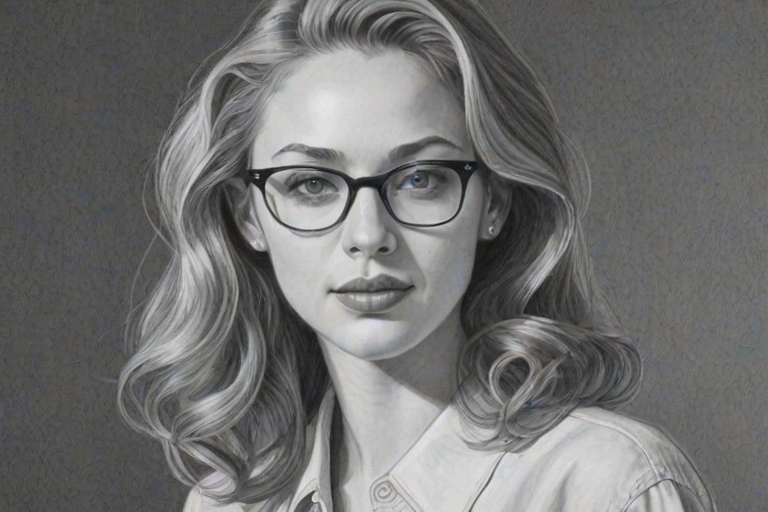 Delightful Sarah Gadon, pencil sketch, portrait of Pleasing woman 1976s in glasses, hair style beatnik, outline, clear lines, fine lines, 8k