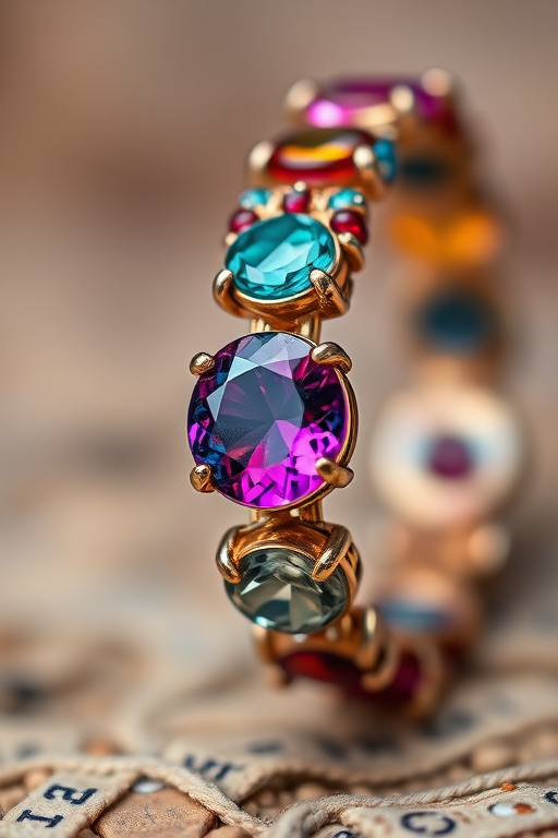 Macro shot of a colorful gemstone bracelet with a blurred background, aperture f/2.8, shutter speed 1/125, ISO 100, taken with a DSLR camera using a 100mm macro lens, natural lighting.