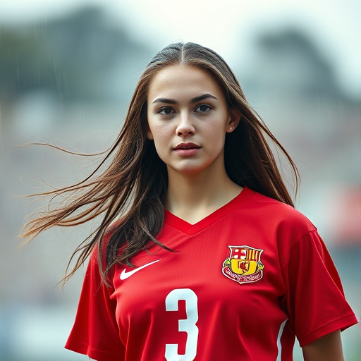 Generate a vibrant portrait of a young woman in a red jersey with the number 3, standing in the rain with her hair flowing and an expression of determination, using a shallow depth of field, medium shot, natural lighting, DSLR camera, ISO 100, f/2.8, 50mm lens.