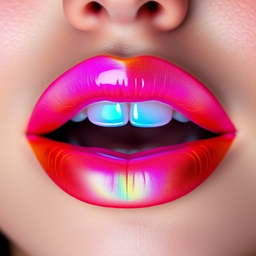 Prismatic lips in "Rainbow Prism" style, showcasing a spectrum of vibrant colors in a linear gradient, finished with a high-shine gloss for maximum impact