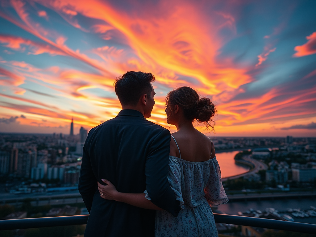 Create a vibrant, impressionistic scene of a couple embracing with a sunset backdrop over a city skyline, featuring swirling clouds and a river, shot with a Canon EOS R5, 24mm lens, f/1.8 aperture, ISO 100, at dusk with a low angle view for dramatic effect.