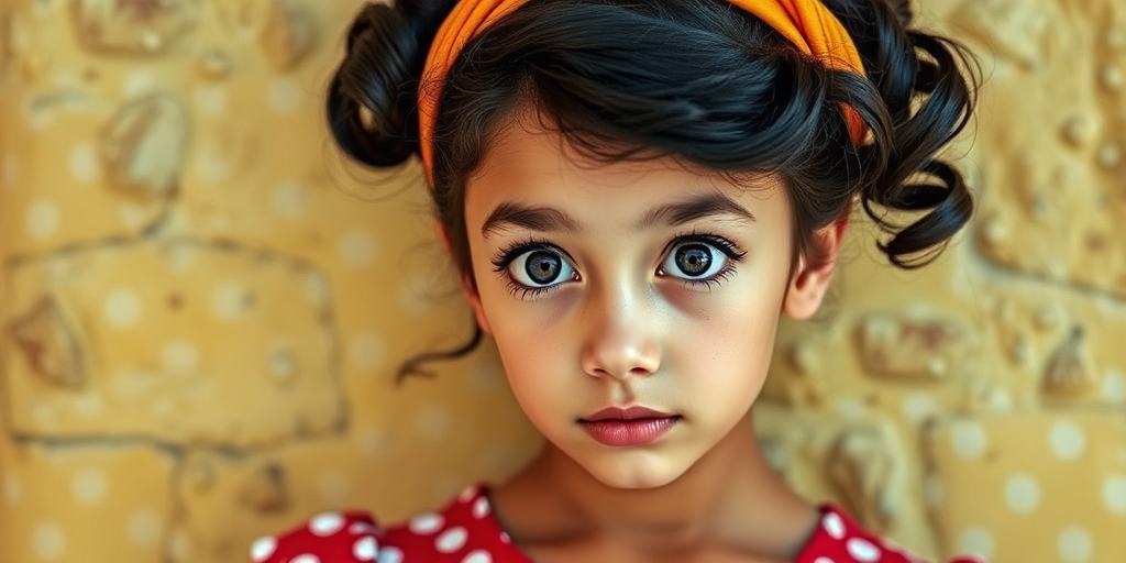 Create a portrait of a young woman with large expressive eyes, dark hair styled in vintage curls, wearing a polka dot dress and a bright headband, set against a textured, rustic background with warm tones, use a DSLR camera, 50mm lens at f/1.8, ISO 100, natural lighting to enhance details and colors.