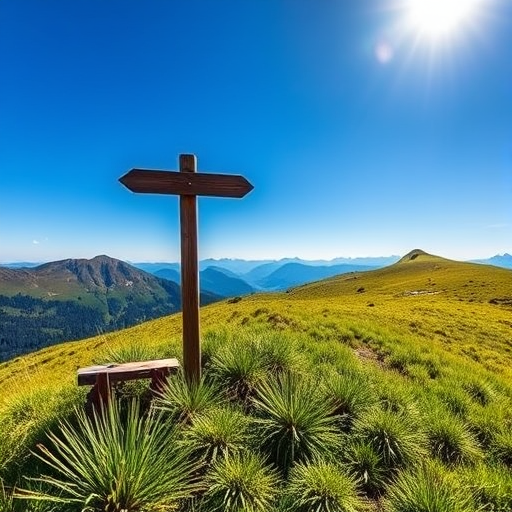 landscape photograph of a mountain trail signpost surrounded by lush green grass under a bright blue sky, taken with a DSLR camera at f/8, 1/250s, ISO 200, wide-angle lens, high dynamic range, central composition